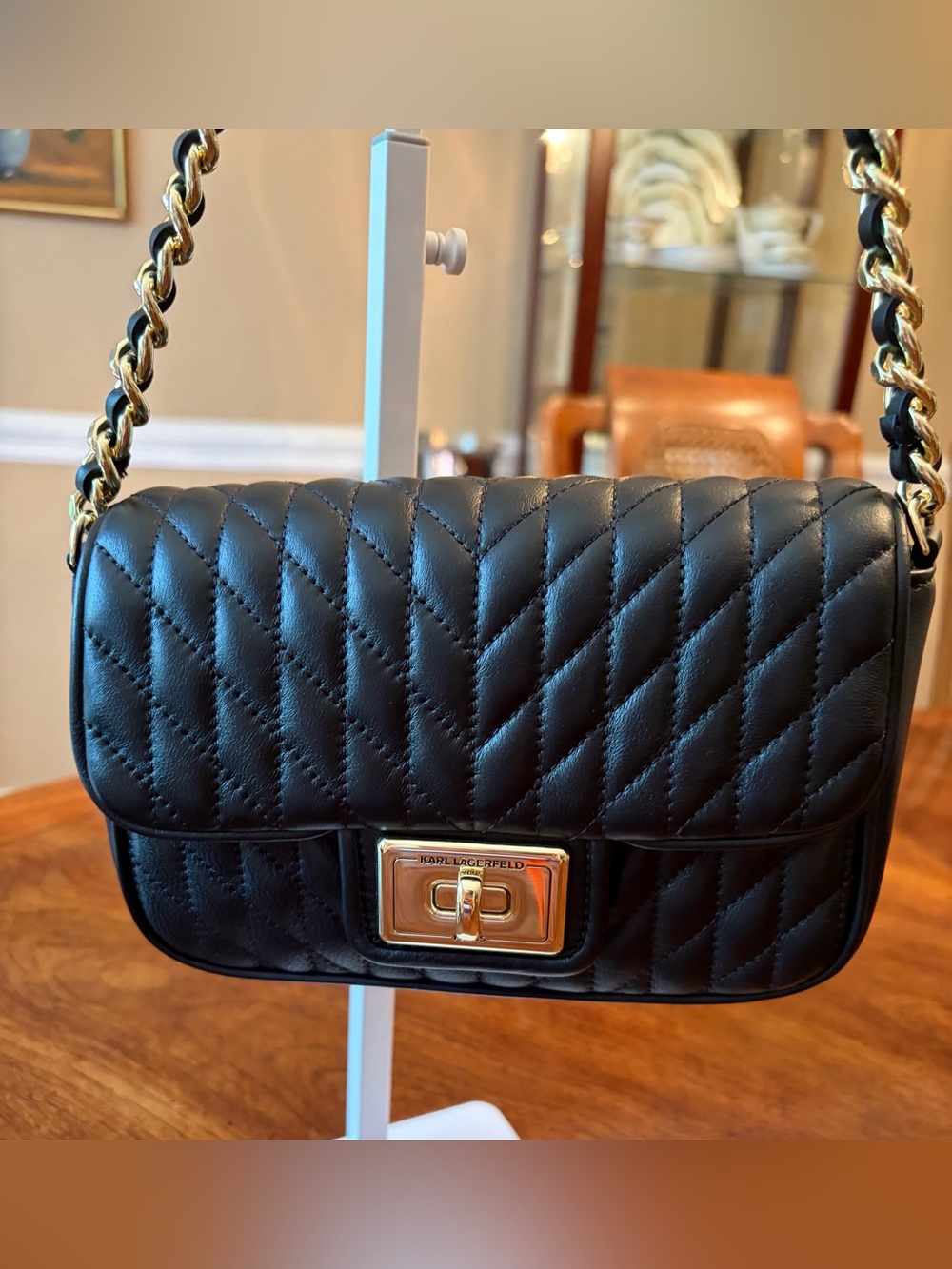 Karl Lagerfeld Black Quilted Leather Shoulder Bag with Gold Chain NWOT